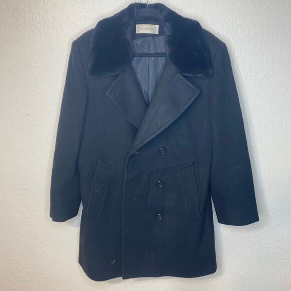 Jones New York 100% Wool‎ Blend Pea Coat Faux Fur Collar Double Breasted Womens